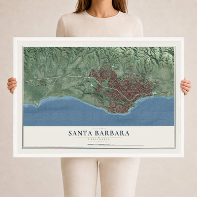 Map of Santa Barbara, California, 24 x 36 inch print in a white wood frame