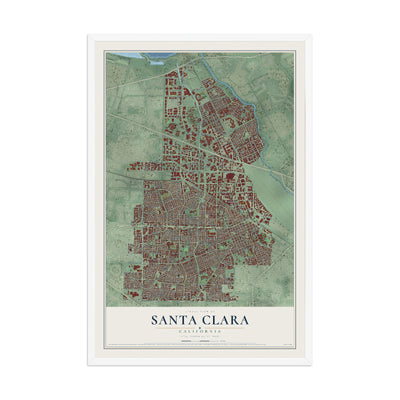 Map of Santa Clara, California, 12 x 18 inch print in a white wood frame