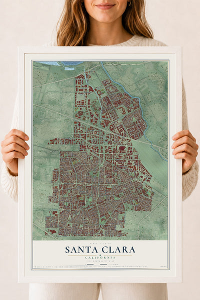 Map of Santa Clara, California, 18 x 24 inch print in a white wood frame