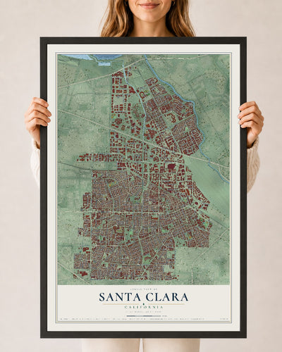 Map of Santa Clara, California, 24 x 36 inch print in a black wood frame