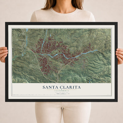 Map of Santa Clarita, California, 18 x 24 inch print in a black wood frame