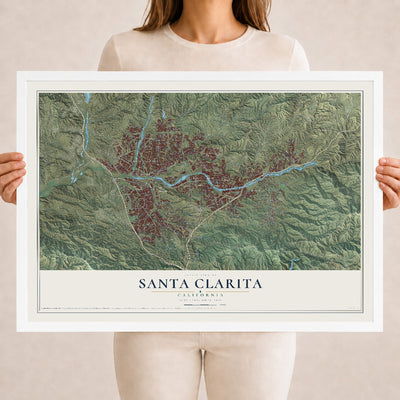 Map of Santa Clarita, California, 18 x 24 inch print in a white wood frame