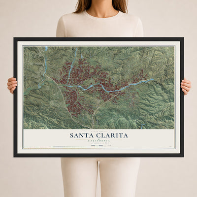 Map of Santa Clarita, California, 24 x 36 inch print in a black wood frame