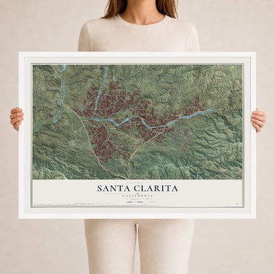 Map of Santa Clarita, California, 24 x 36 inch print in a white wood frame