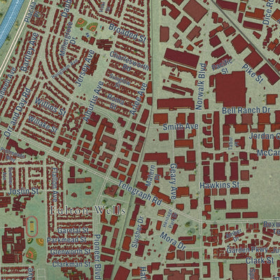 Close-up of the map of Santa Fe Springs, California print showing street and building detail