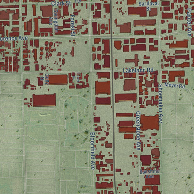 Second close-up of the map of Santa Fe Springs, California print showing more streets and buildings