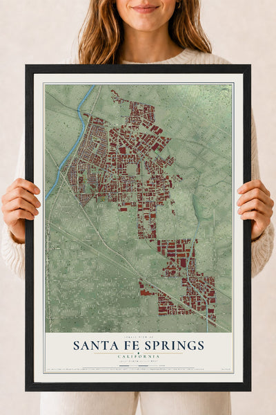 Map of Santa Fe Springs, California, 18 x 24 inch print in a black wood frame