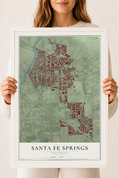 Map of Santa Fe Springs, California, 18 x 24 inch print in a white wood frame