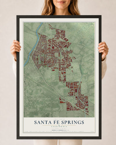Map of Santa Fe Springs, California, 24 x 36 inch print in a black wood frame