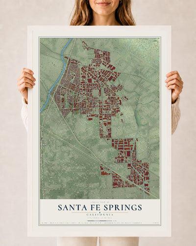 Map of Santa Fe Springs, California, 24 x 36 inch print in a white wood frame