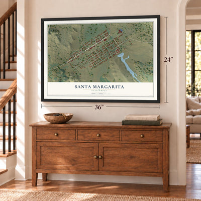 Santa Margarita, California map, 24 x 36 inch print in a black frame above a dresser by a staircase