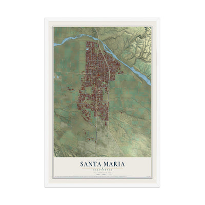 Map of Santa Maria, California, 12 x 18 inch print in a white wood frame