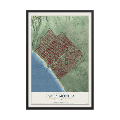 Map of Santa Monica, California, 12 x 18 inch print in a black wood frame