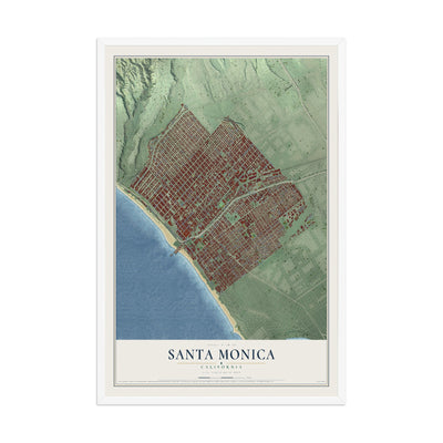 Map of Santa Monica, California, 12 x 18 inch print in a white wood frame