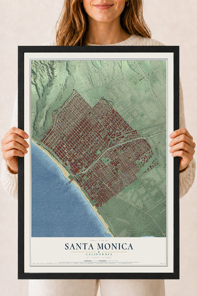Map of Santa Monica, California, 18 x 24 inch print in a black wood frame