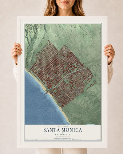 Map of Santa Monica, California, 24 x 36 inch print in a white wood frame