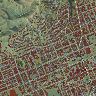 Close-up of the map of Santa Paula, California print showing street and building detail