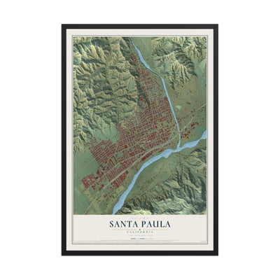 Map of Santa Paula, California, 12 x 18 inch print in a black wood frame