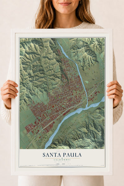 Map of Santa Paula, California, 18 x 24 inch print in a white wood frame