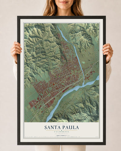 Map of Santa Paula, California, 24 x 36 inch print in a black wood frame
