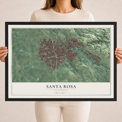 Map of Santa Rosa, California, 18 x 24 inch print in a black wood frame