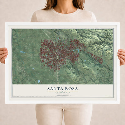 Map of Santa Rosa, California, 18 x 24 inch print in a white wood frame