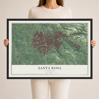 Map of Santa Rosa, California, 24 x 36 inch print in a black wood frame