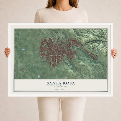 Map of Santa Rosa, California, 24 x 36 inch print in a white wood frame