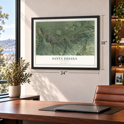 Santa Susana, California map, 18 x 24 inch print in a black frame in a home office