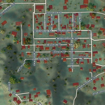 Close-up of the map of Santa Susana, California print showing street and building detail