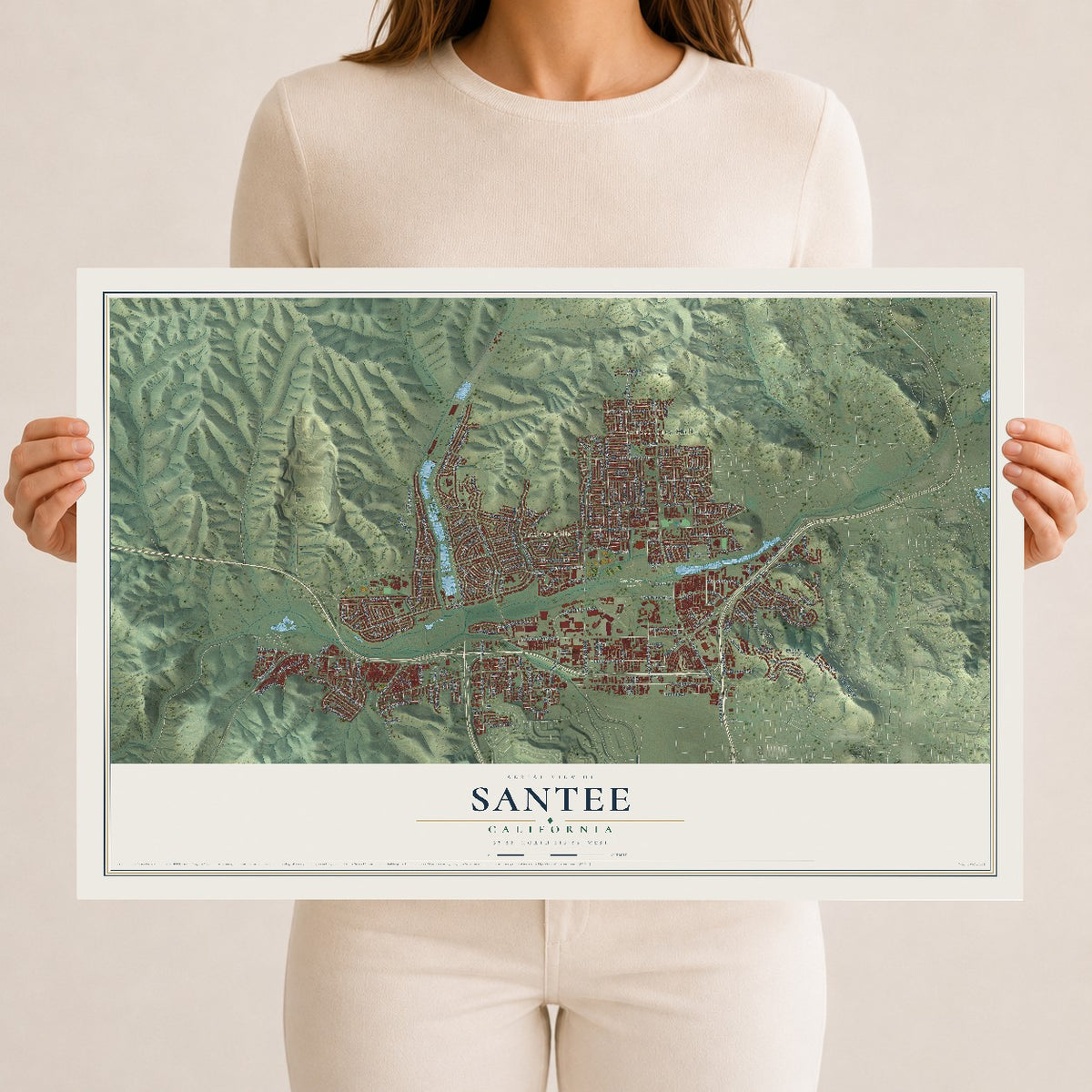 Map of Santee, California, 12 x 18 inch unframed archival matte print