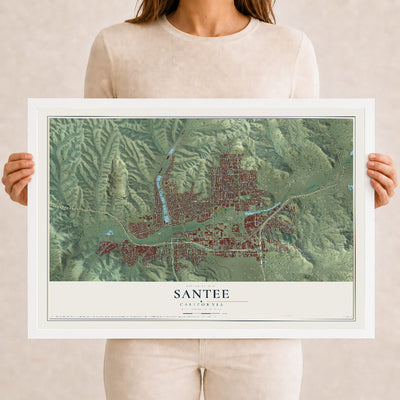 Map of Santee, California, 12 x 18 inch print in a white wood frame