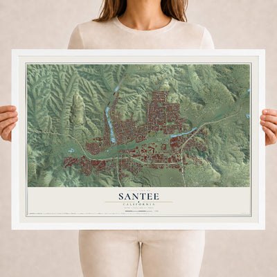 Map of Santee, California, 18 x 24 inch print in a white wood frame