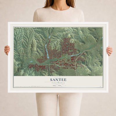 Map of Santee, California, 24 x 36 inch print in a white wood frame
