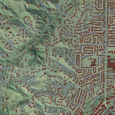 Second close-up of the map of Saratoga, California print showing more streets and buildings