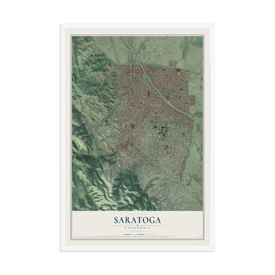 Map of Saratoga, California, 12 x 18 inch print in a white wood frame