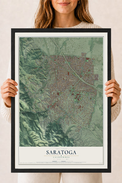 Map of Saratoga, California, 18 x 24 inch print in a black wood frame
