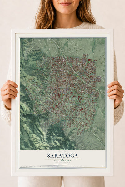Map of Saratoga, California, 18 x 24 inch print in a white wood frame