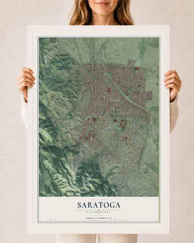 Map of Saratoga, California, 24 x 36 inch print in a white wood frame