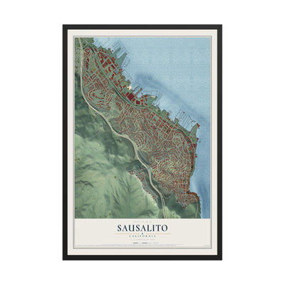 Map of Sausalito, California, 12 x 18 inch print in a black wood frame
