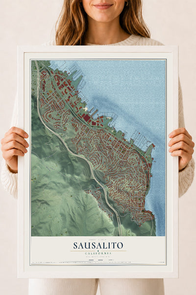 Map of Sausalito, California, 18 x 24 inch print in a white wood frame