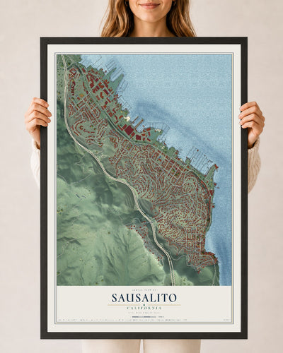 Map of Sausalito, California, 24 x 36 inch print in a black wood frame