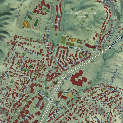 Close-up of the map of Scotts Valley, California print showing street and building detail