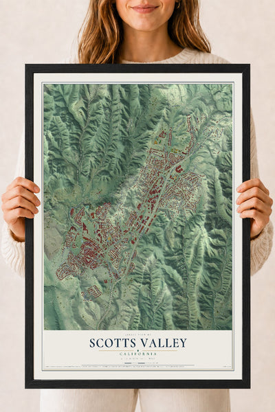 Map of Scotts Valley, California, 18 x 24 inch print in a black wood frame