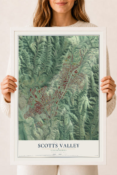 Map of Scotts Valley, California, 18 x 24 inch print in a white wood frame