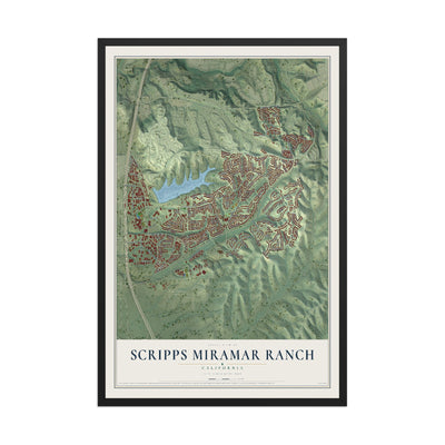 Map of Scripps Miramar Ranch, California, 12 x 18 inch print in a black wood frame