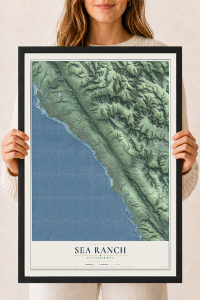 Map of Sea Ranch, California, 18 x 24 inch print in a black wood frame