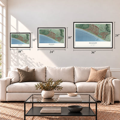 Seacliff, California map in 12 x 18, 18 x 24 and 24 x 36 inch sizes above a sofa
