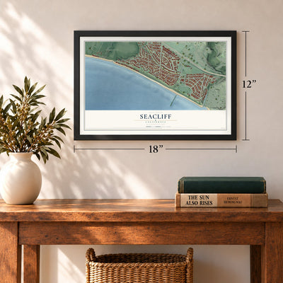 Seacliff, California map, 12 x 18 inch print in a black frame in an entryway