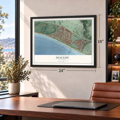 Seacliff, California map, 18 x 24 inch print in a black frame in a home office